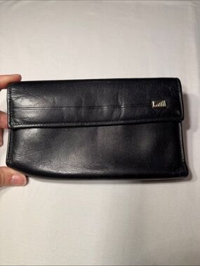 Black Leather Foldover Clutch with Subtle Metal Accent